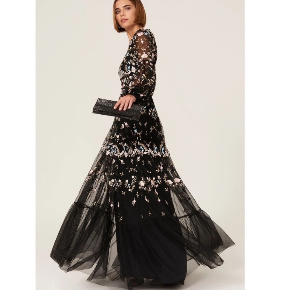 Mac Duggal Embroidered Floral Maxi Dress Women 16 Black NEW Sequin Boho $798